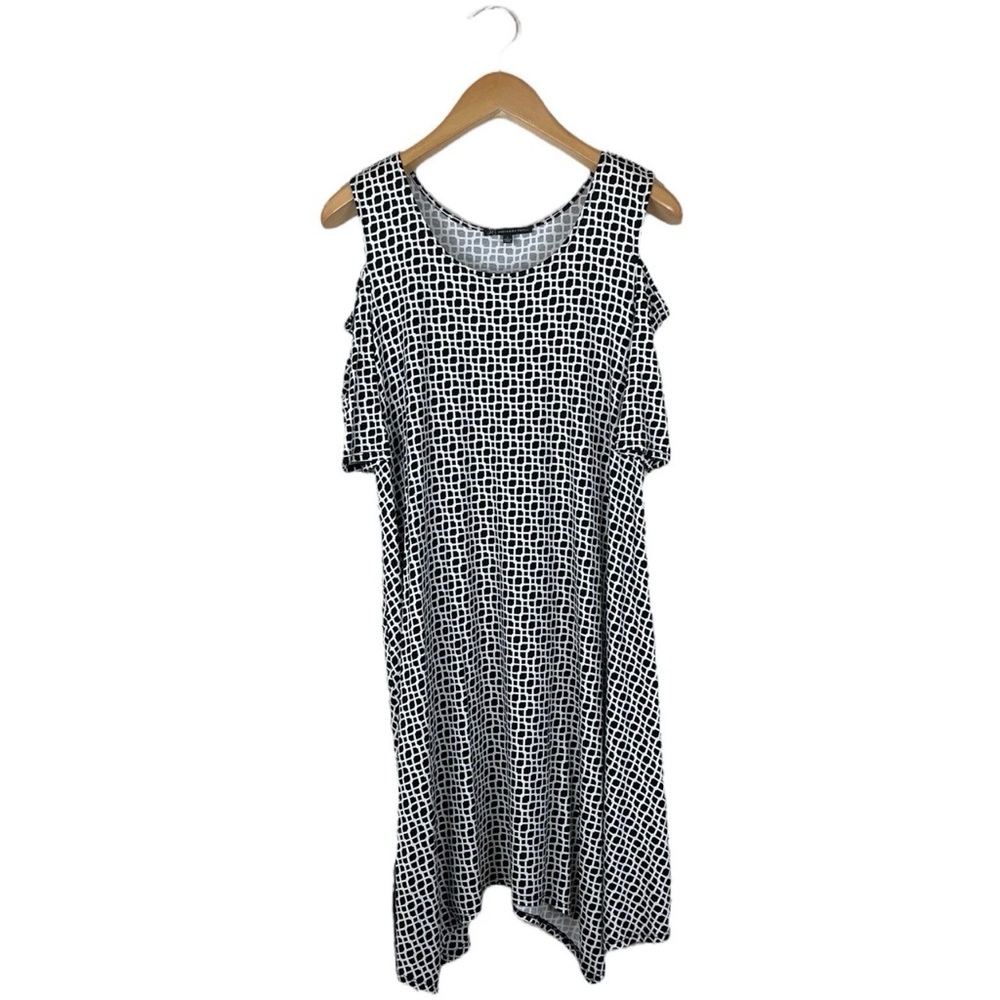 Adrianna Papell Size Large Sharkbite Hem Dress Black Ivory Cold Shoulder Stretch